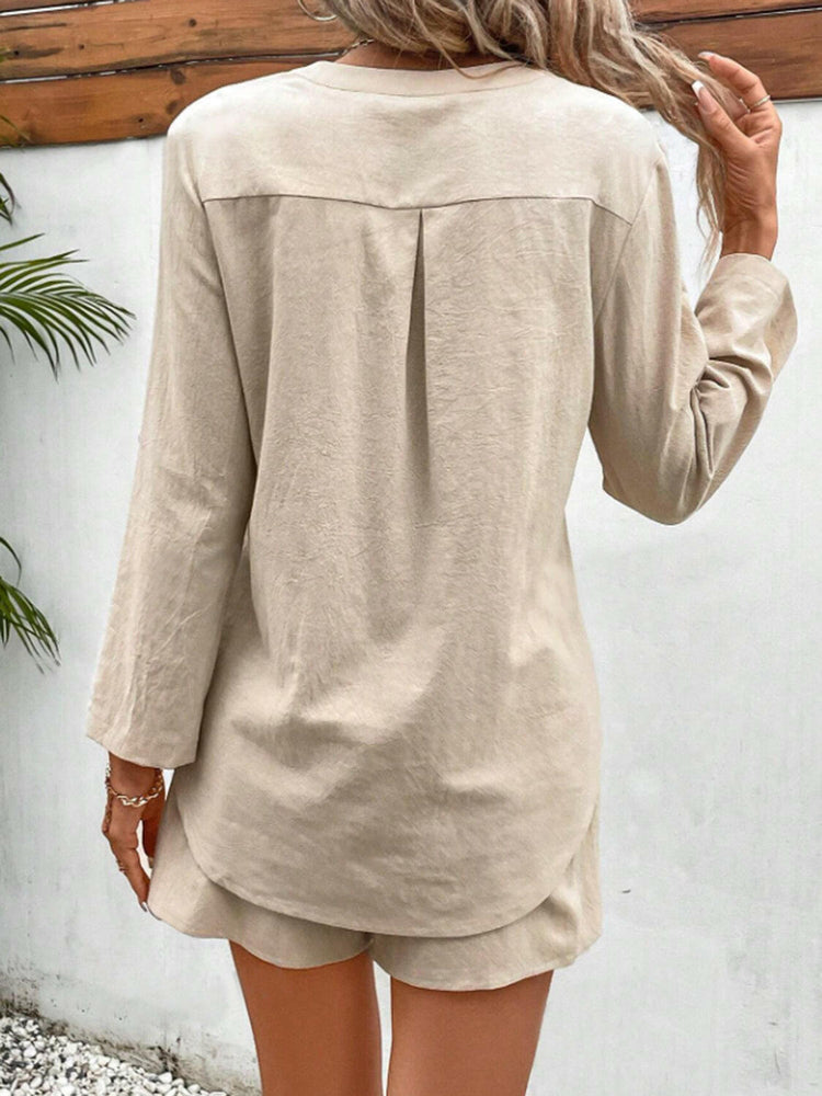 Notched Long Sleeve Top and Shorts Set.