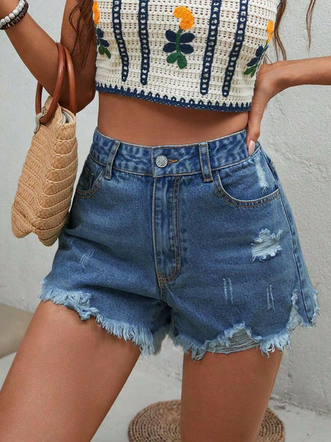 Distressed Raw Hem Denim Shorts.