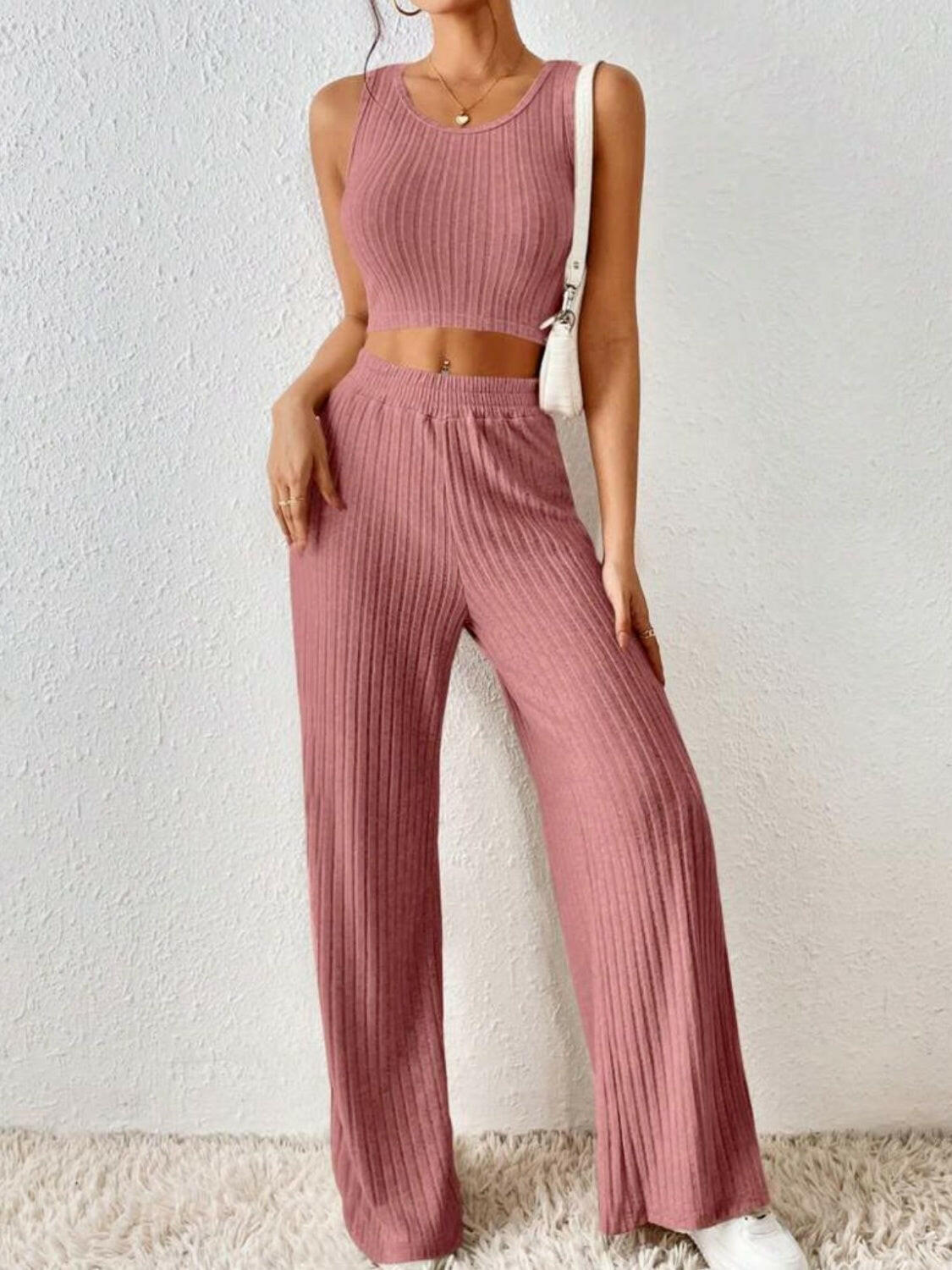 Ribbed Round Neck Tank and Pants Sweater Set.