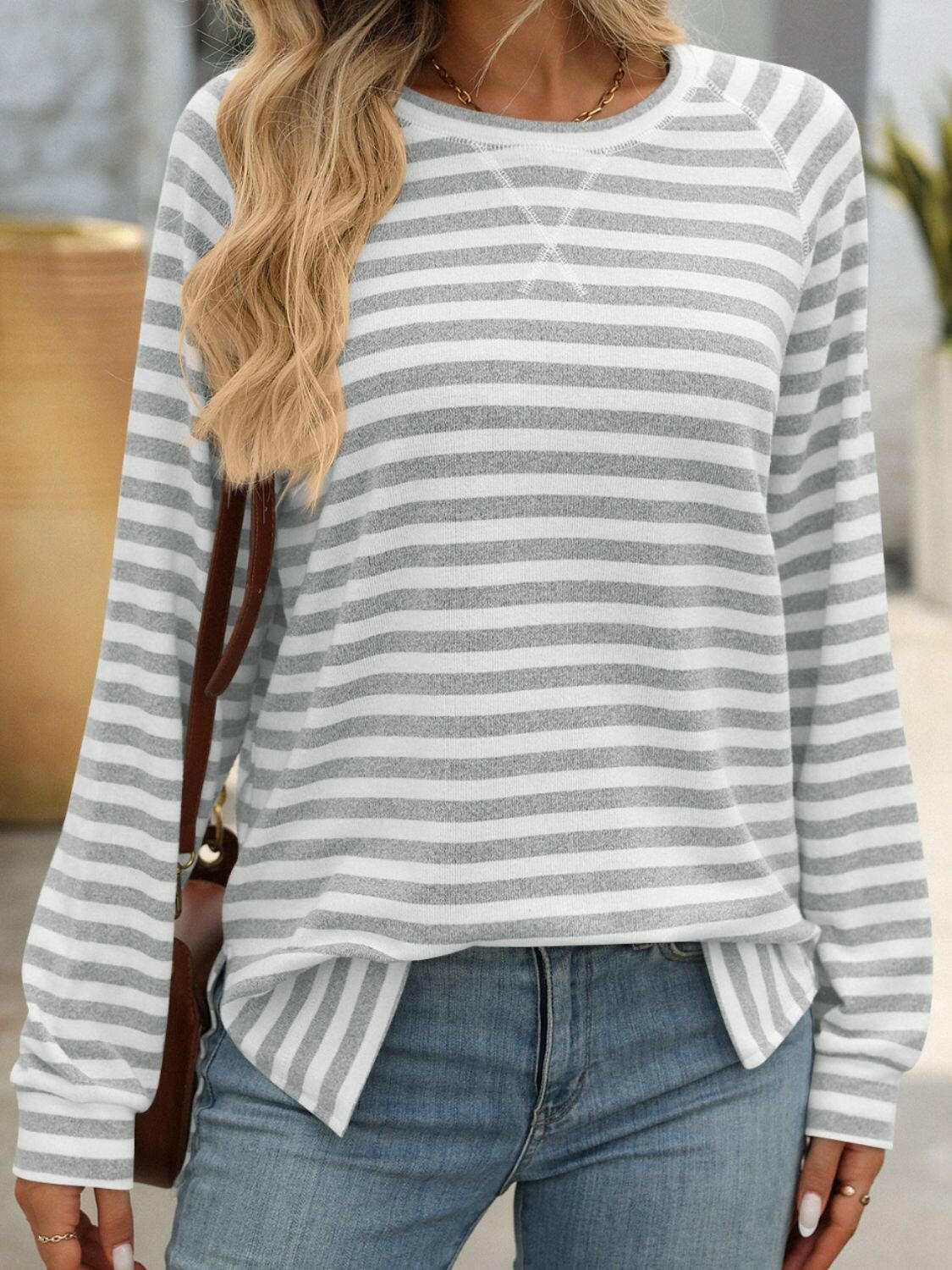 Mandy Striped Round Neck Long Sleeve T-Shirt.