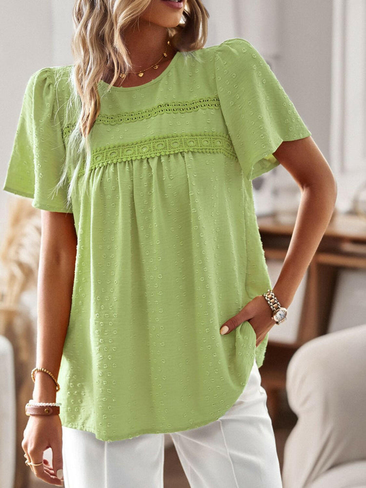 Lace Detail Round Neck Short Sleeve Blouse.