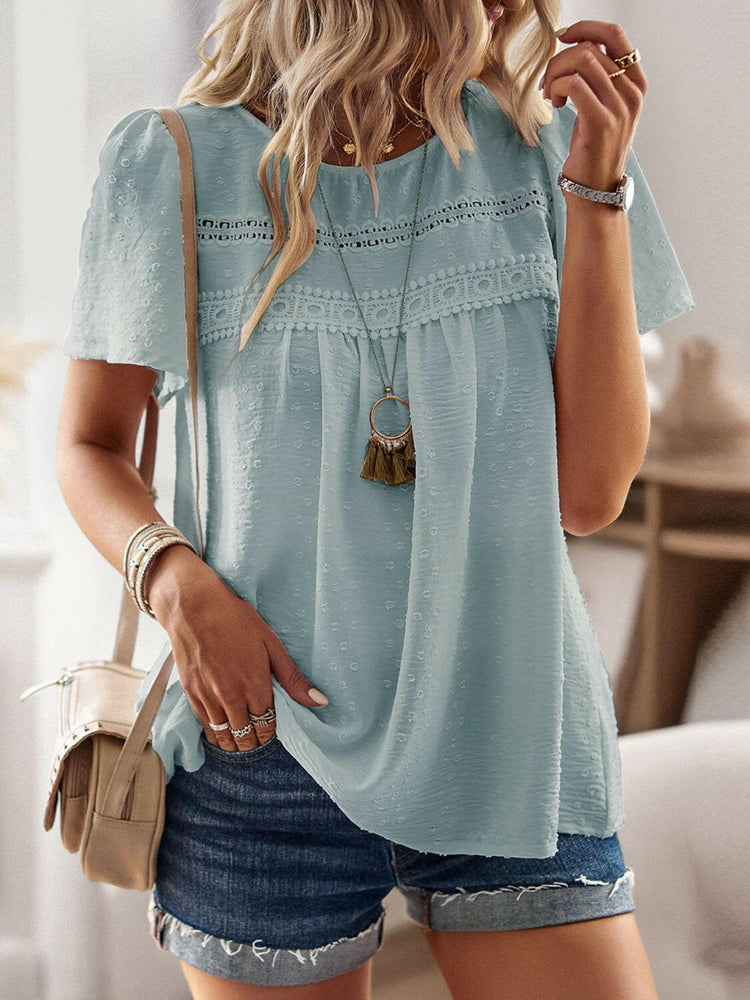 Lace Detail Round Neck Short Sleeve Blouse.