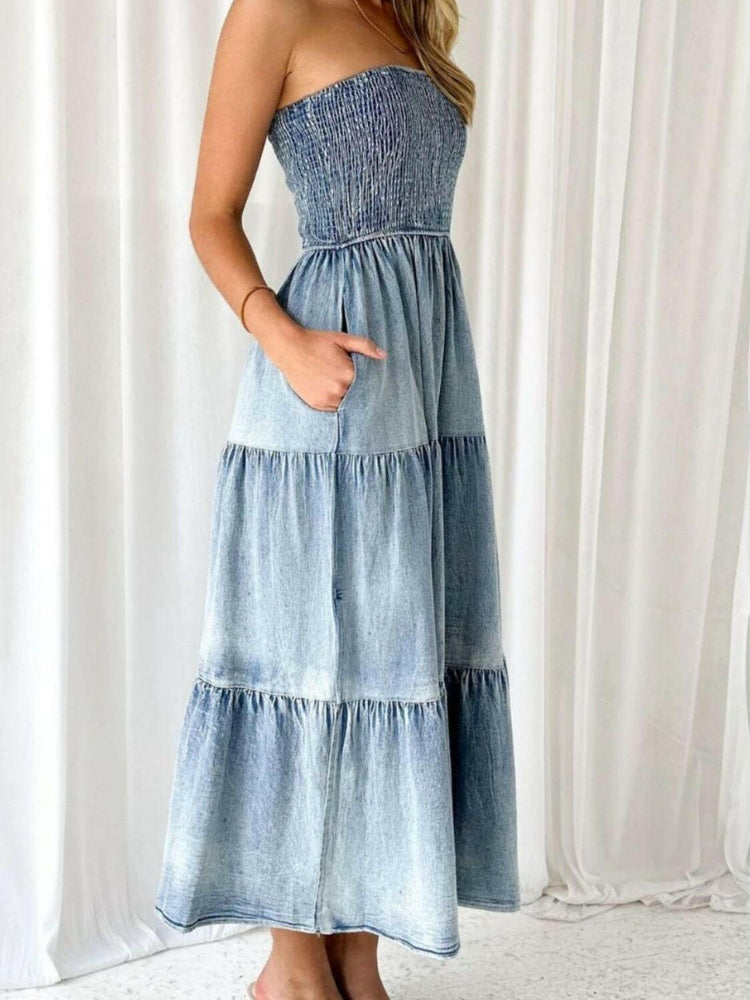 Slit Smocked Tube Tiered Denim Dress.