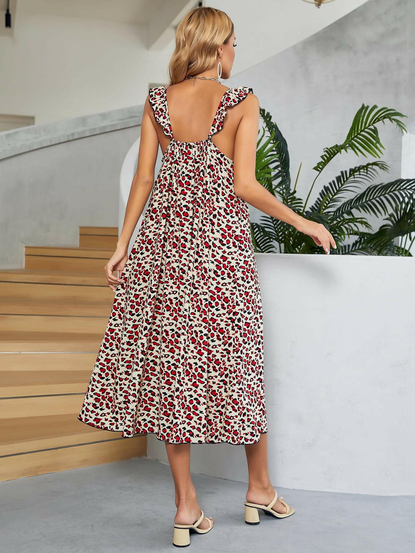 Printed Ruffled Sleeveless Midi Dress.