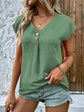 Button V-Neck Short Sleeve Blouse.