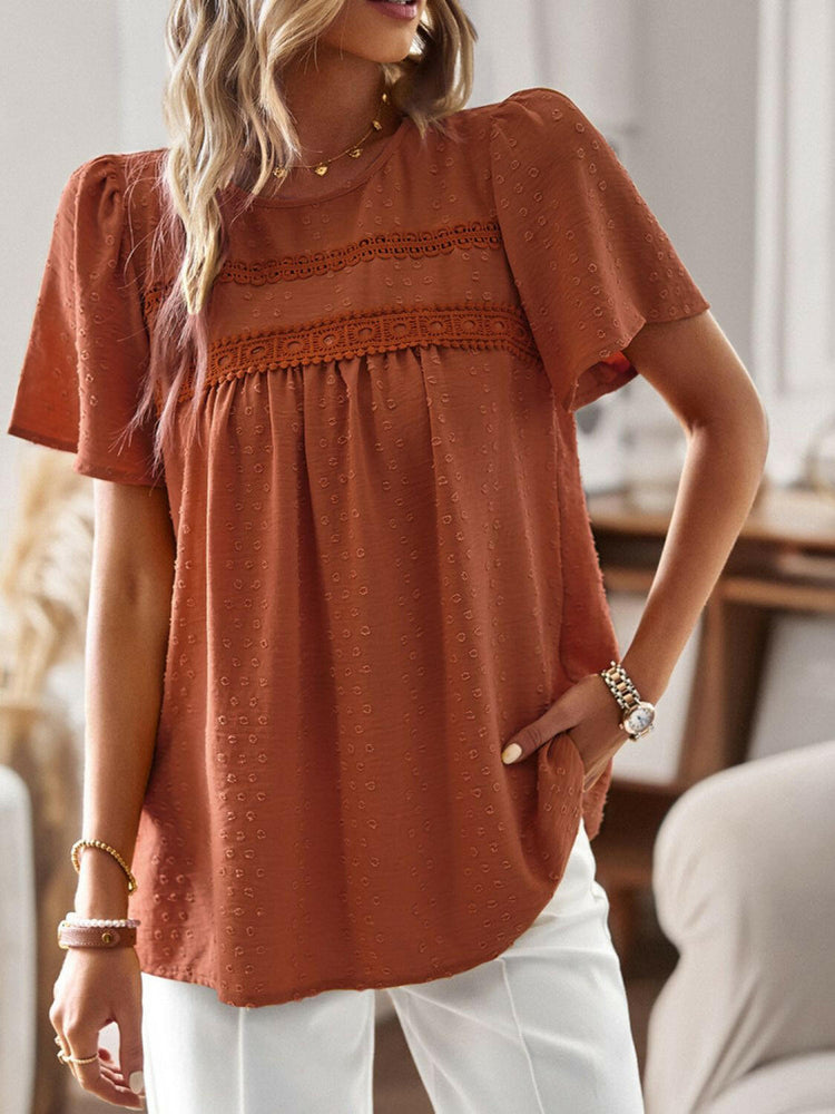 Lace Detail Round Neck Short Sleeve Blouse.