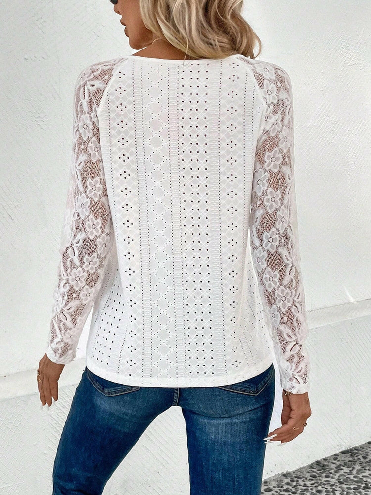 Lace Eyelet V-Neck Long Sleeve Blouse.