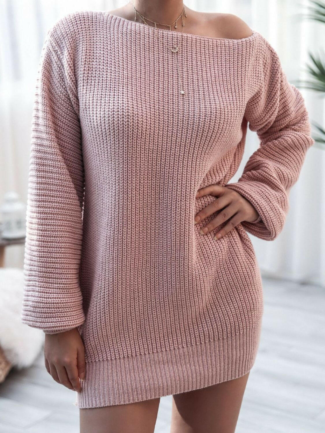 Balloon Sleeve Boat Neck Sweater Mini Dress.