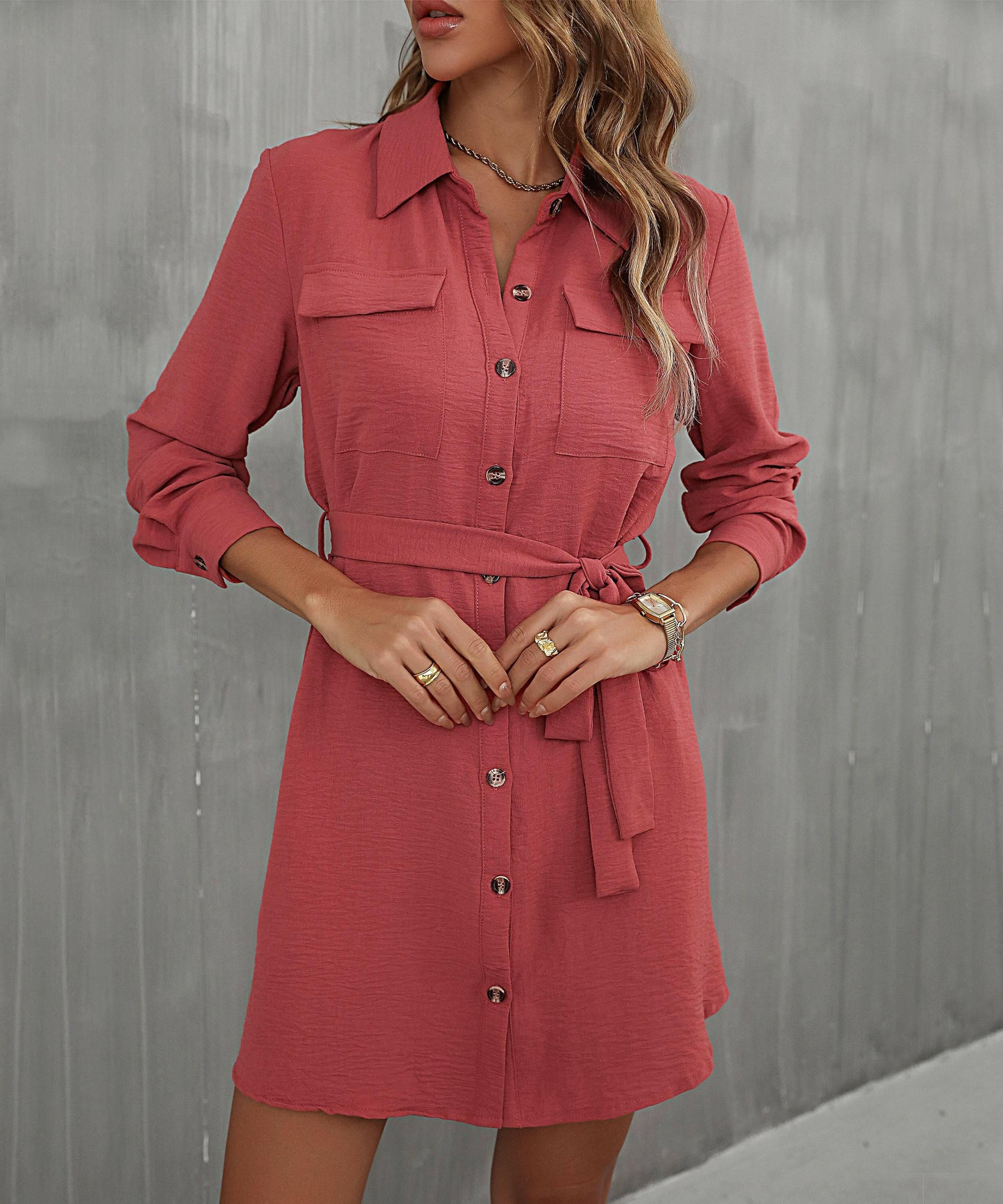 Perfee Button Down Belted Long Sleeve Shirt Dress.