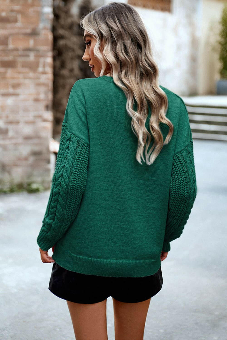 Devine Cable-Knit Round Neck Drop Shoulder Sweater.