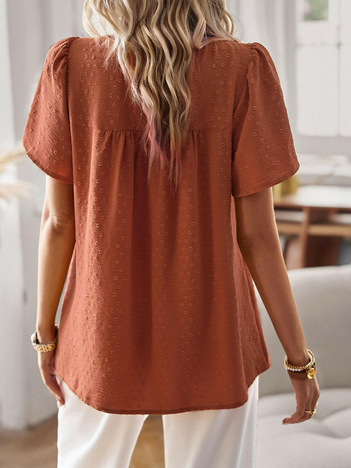 Lace Detail Round Neck Short Sleeve Blouse.