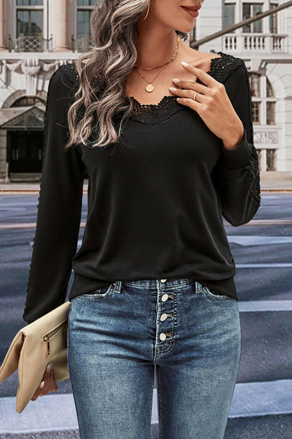 Perfee V-Neck Long Sleeve Lace Trim Blouse.