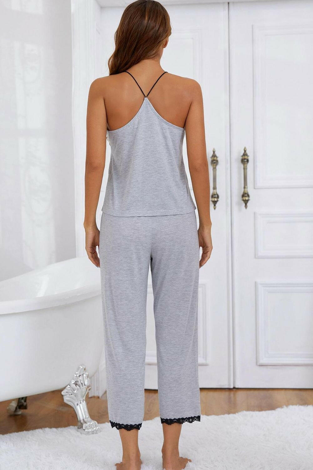 Halter Neck Cami and Lace Trim Pajama Set.