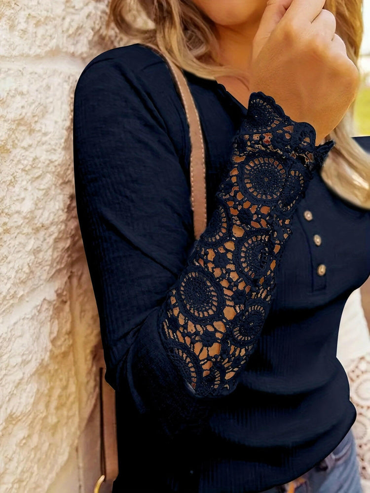 Half Button Lace Long Sleeve Top.