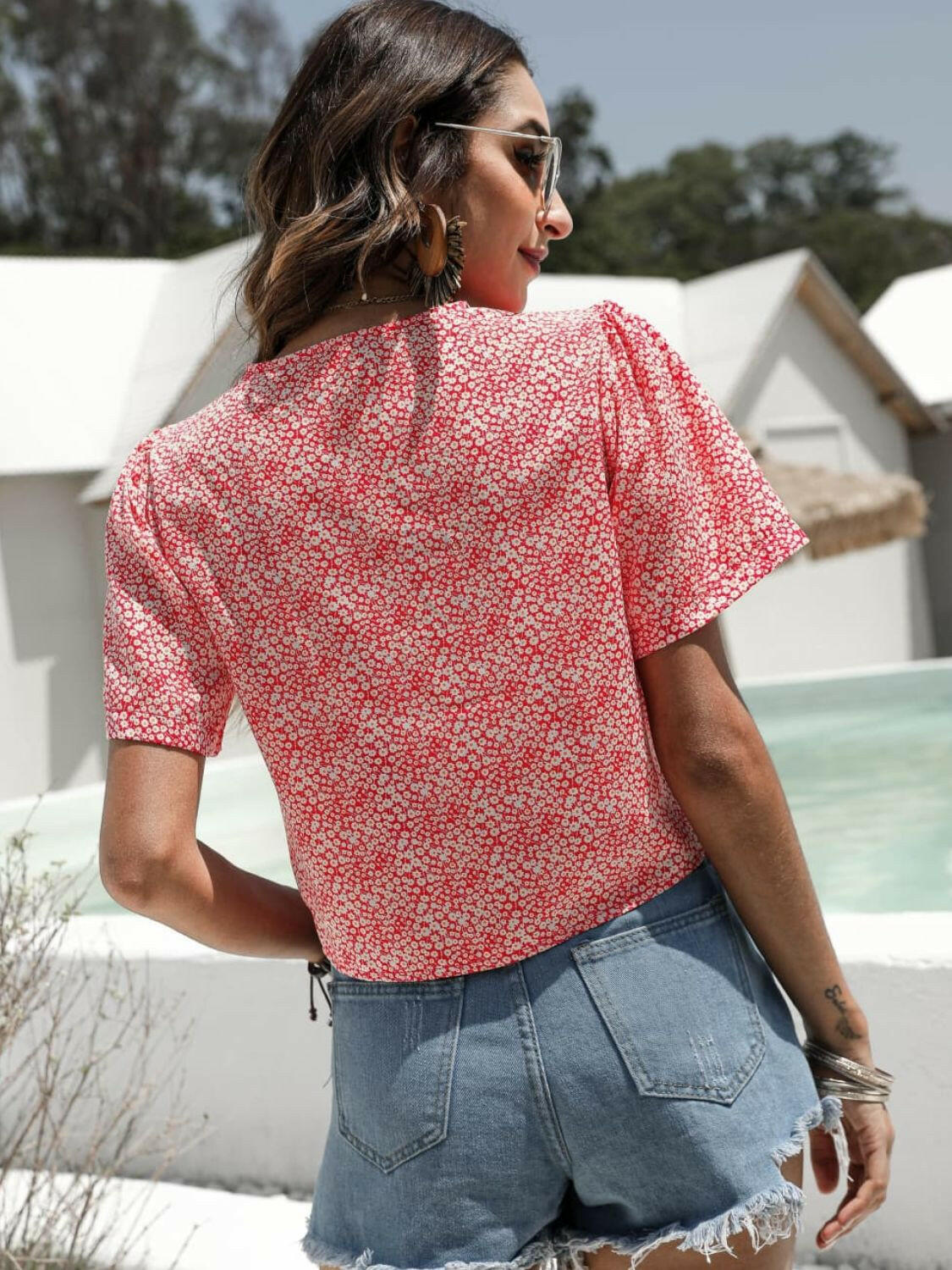 Floral Drawstring Deep V Cropped Blouse.