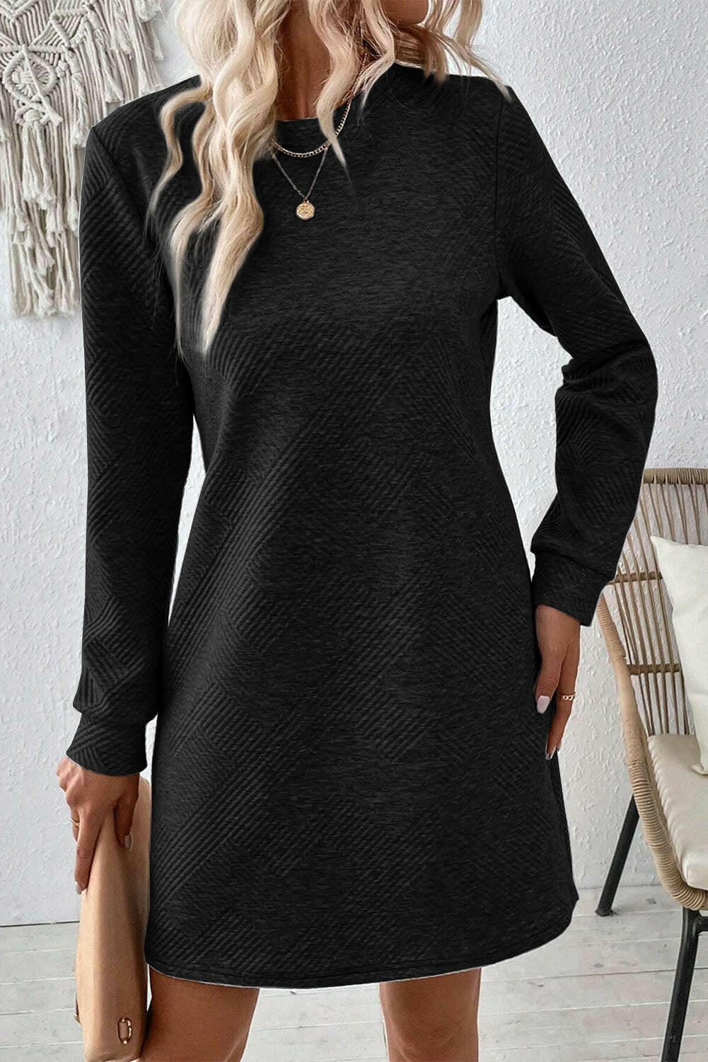 Textured Round Neck Long Sleeve Mini Dress.