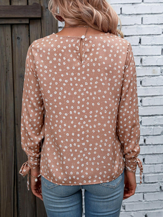 Honey Printed Round Neck Tie Cuff Blouse.