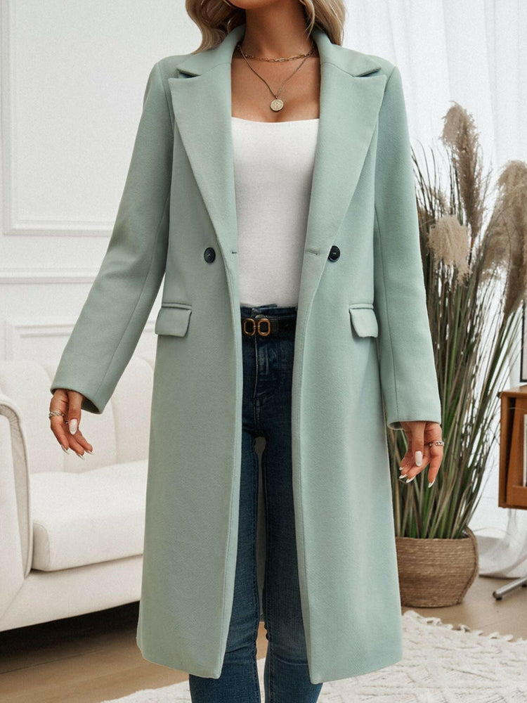 Devine Pocketed Collared Neck Long Sleeve Coat.