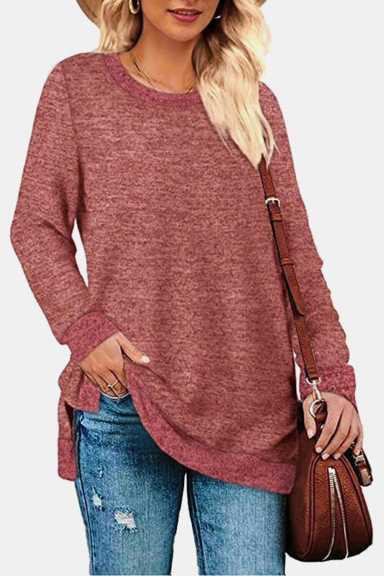 Round Neck Long Sleeve Slit T-Shirt.