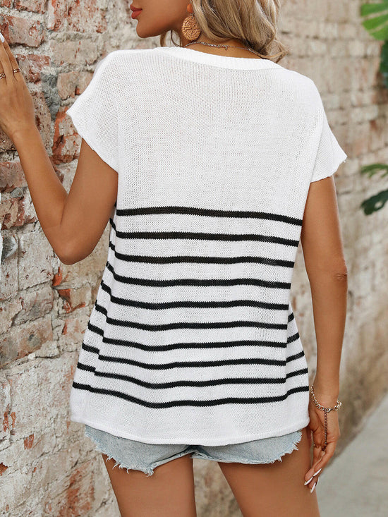 Mandy Striped Round Neck Short Sleeve Knit Top.