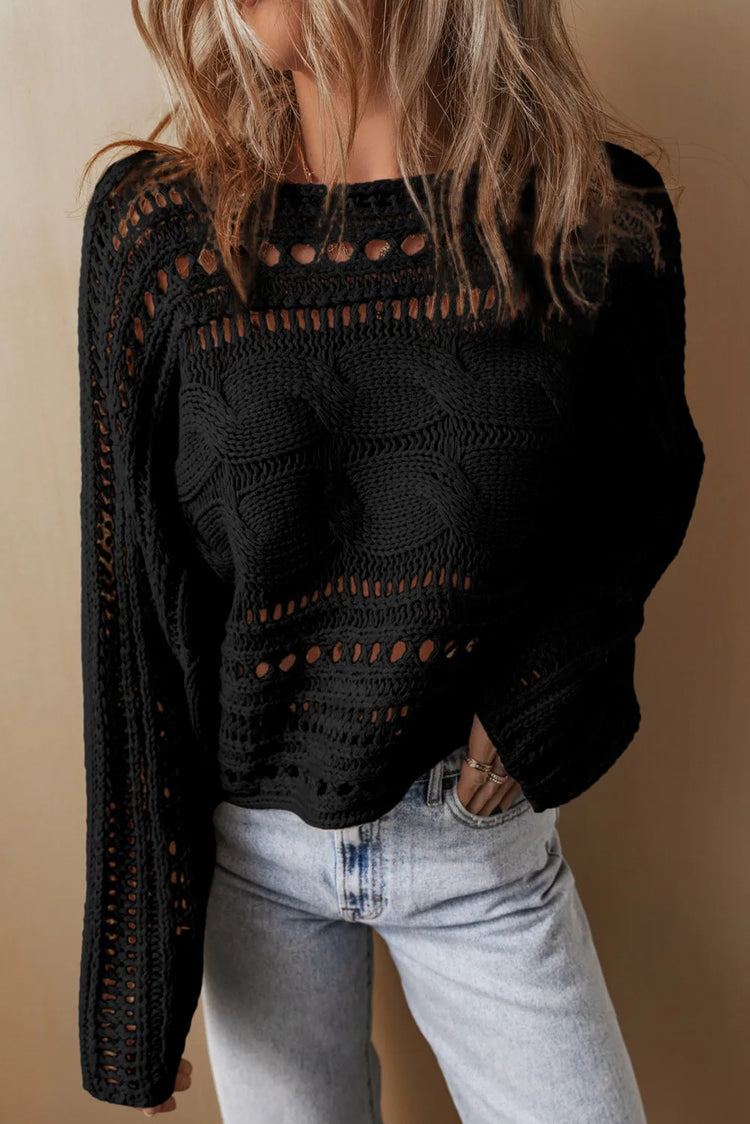 Cable-Knit Openwork Long Sleeve Sweater.