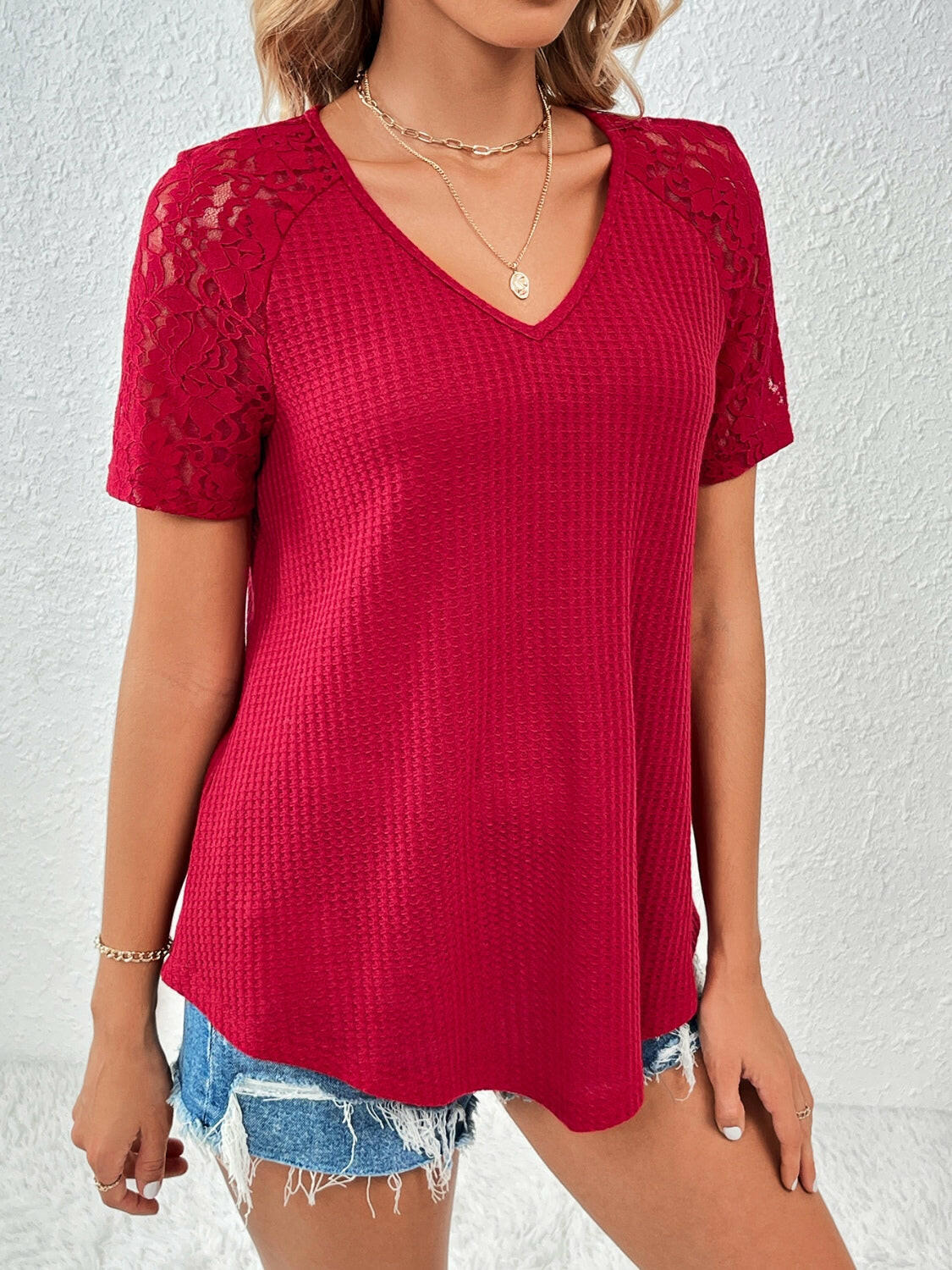 Ivy Lane Lace Detail V-Neck Short Sleeve T-Shirt.