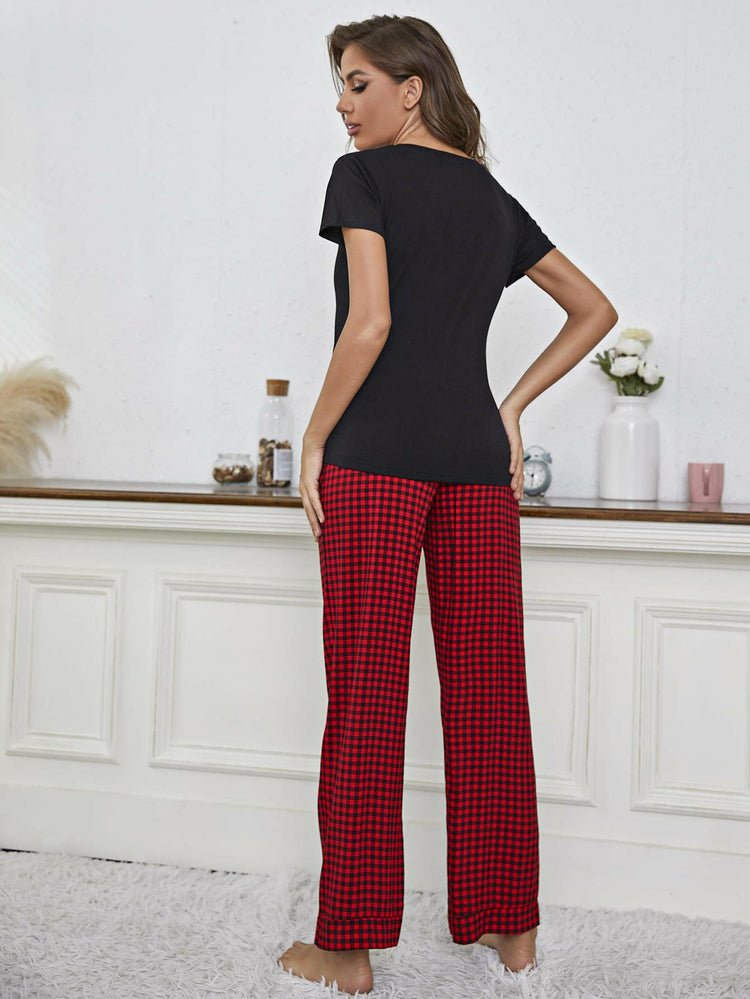 V-Neck Top and Gingham Pants Lounge Set.