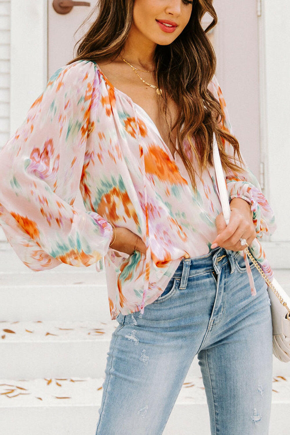 Printed Tie Neck Long Sleeve Blouse.