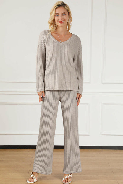 Ribbed V-Neck Top and Pants Lounge Set.