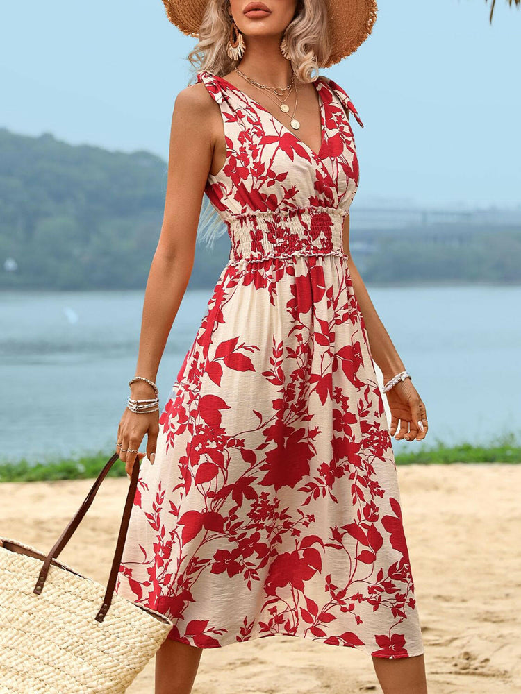 Perfee Smocked Printed Surplice Midi Dress.