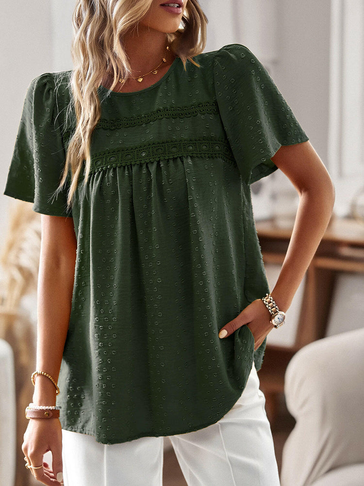 Lace Detail Round Neck Short Sleeve Blouse.