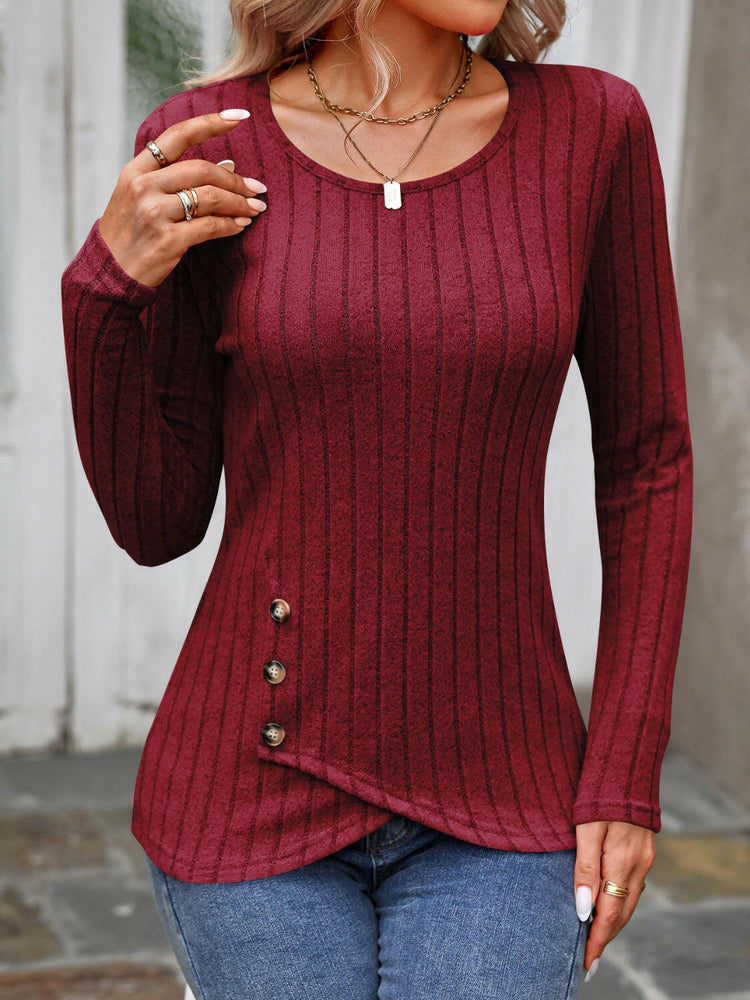 Decorative Button Round Neck Long Sleeve T-Shirt.