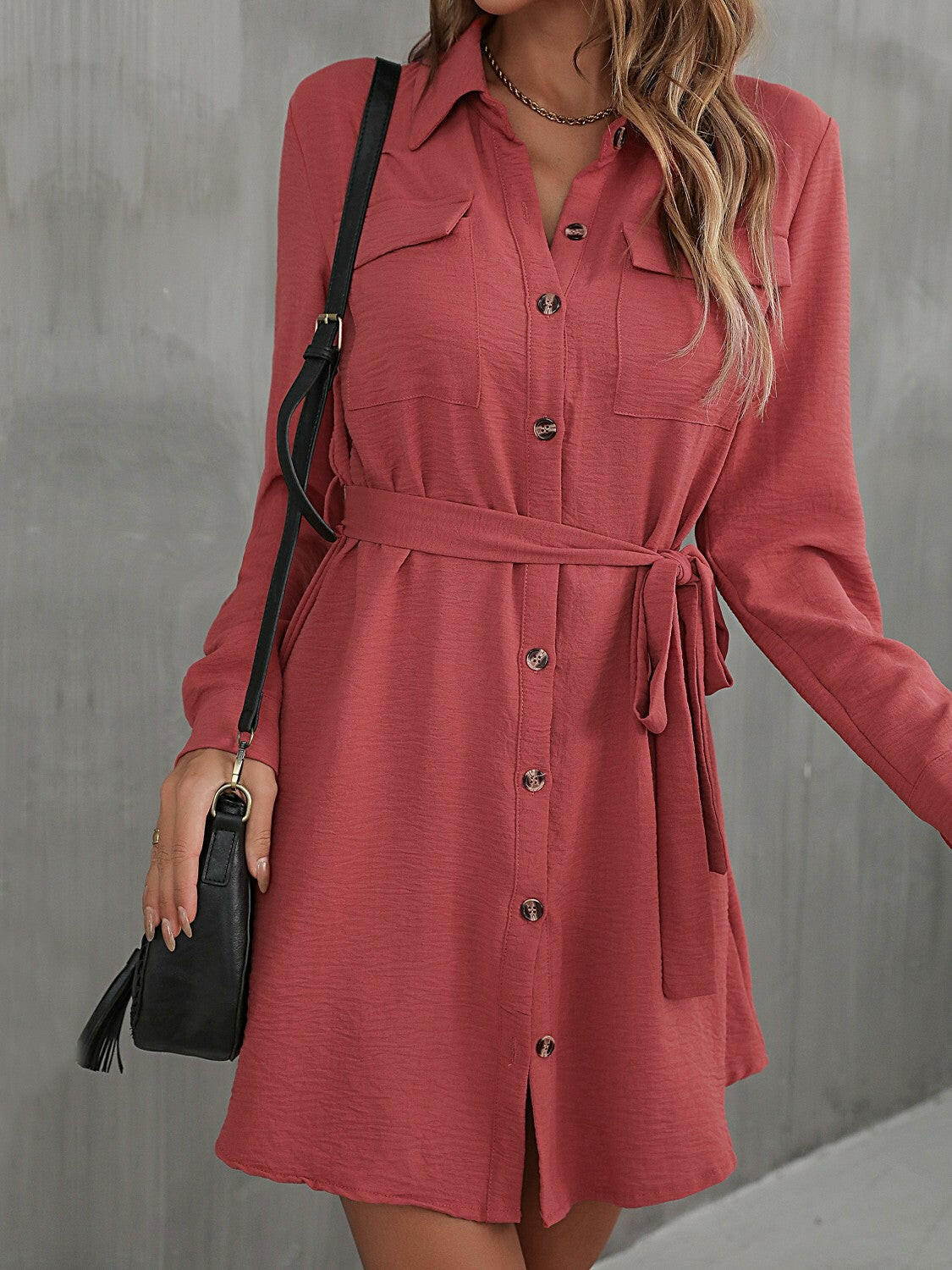 Perfee Button Down Belted Long Sleeve Shirt Dress.