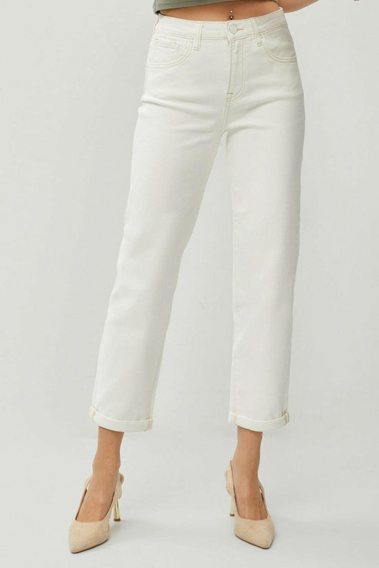 RISEN High Waist Rolled Hem Straight Jeans.