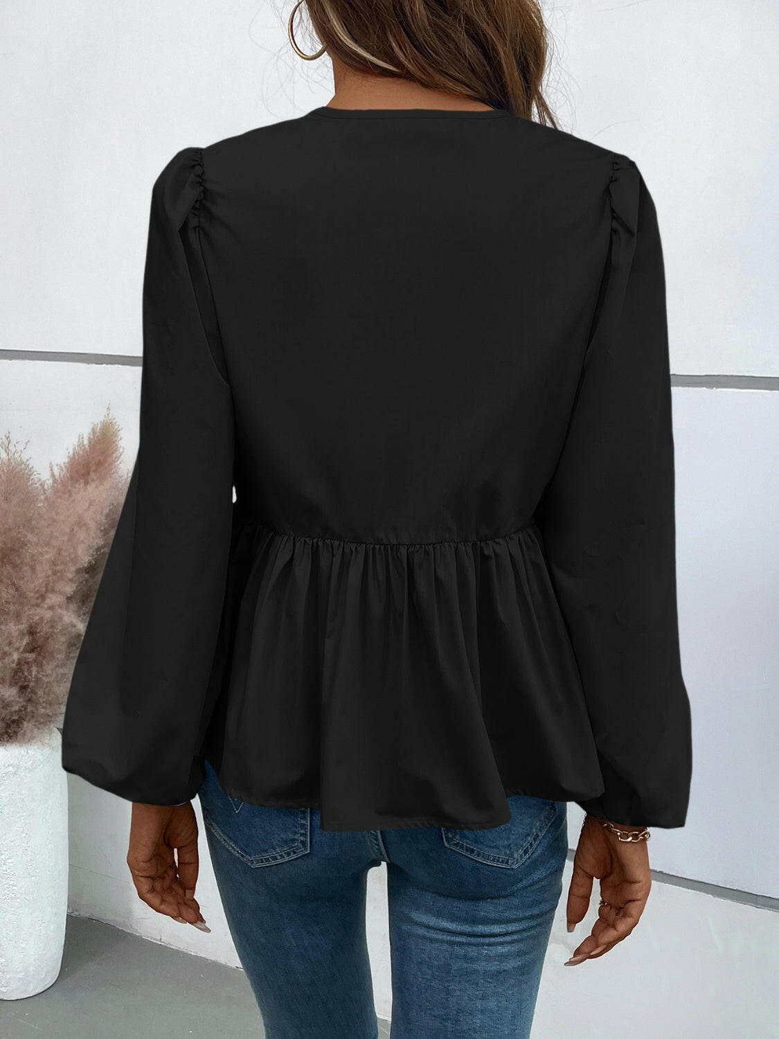 Ivy Lane Peplum Tied Long Sleeve Blouse.