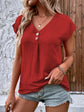 Button V-Neck Short Sleeve Blouse.