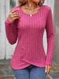 Decorative Button Round Neck Long Sleeve T-Shirt.