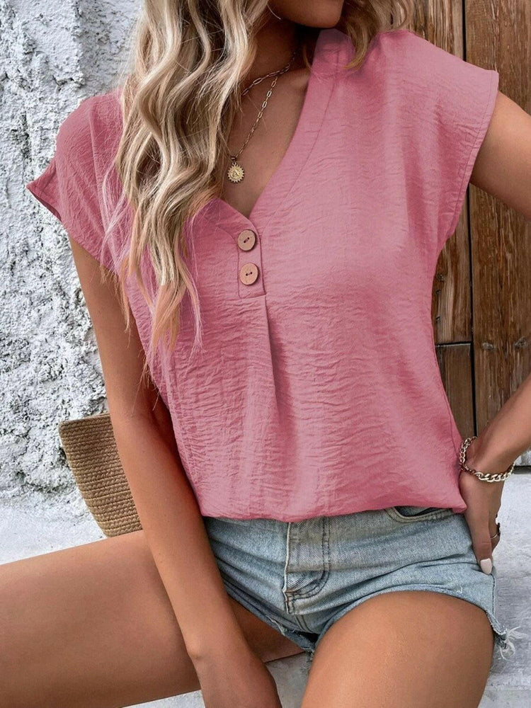 Button V-Neck Short Sleeve Blouse.