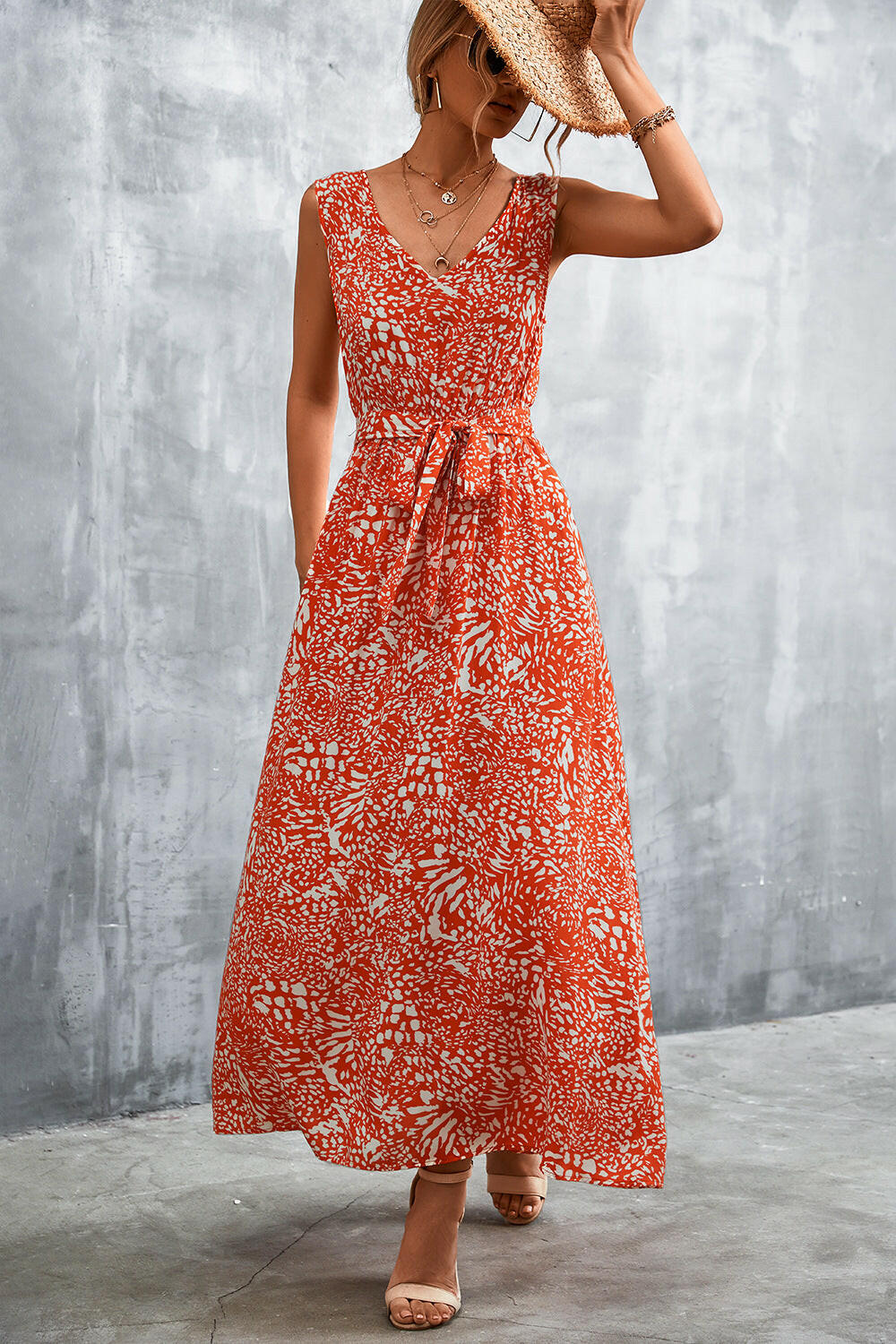 Printed V-Neck Tie Waist Maxi Dress.