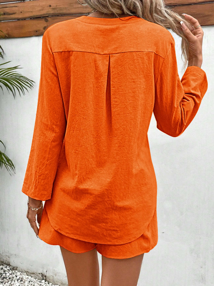 Notched Long Sleeve Top and Shorts Set.