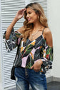 Printed Cold-Shoulder Three-Quarter Flare Sleeve Blouse.