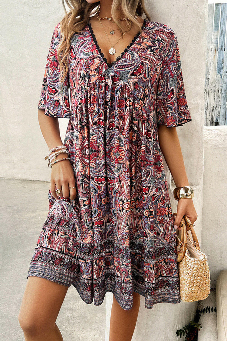 Devine Printed V-Neck Half Sleeve Mini Dress.