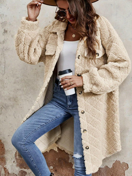 Fuzzy Button Up Dropped Shoulder Long Sleeve Coat.