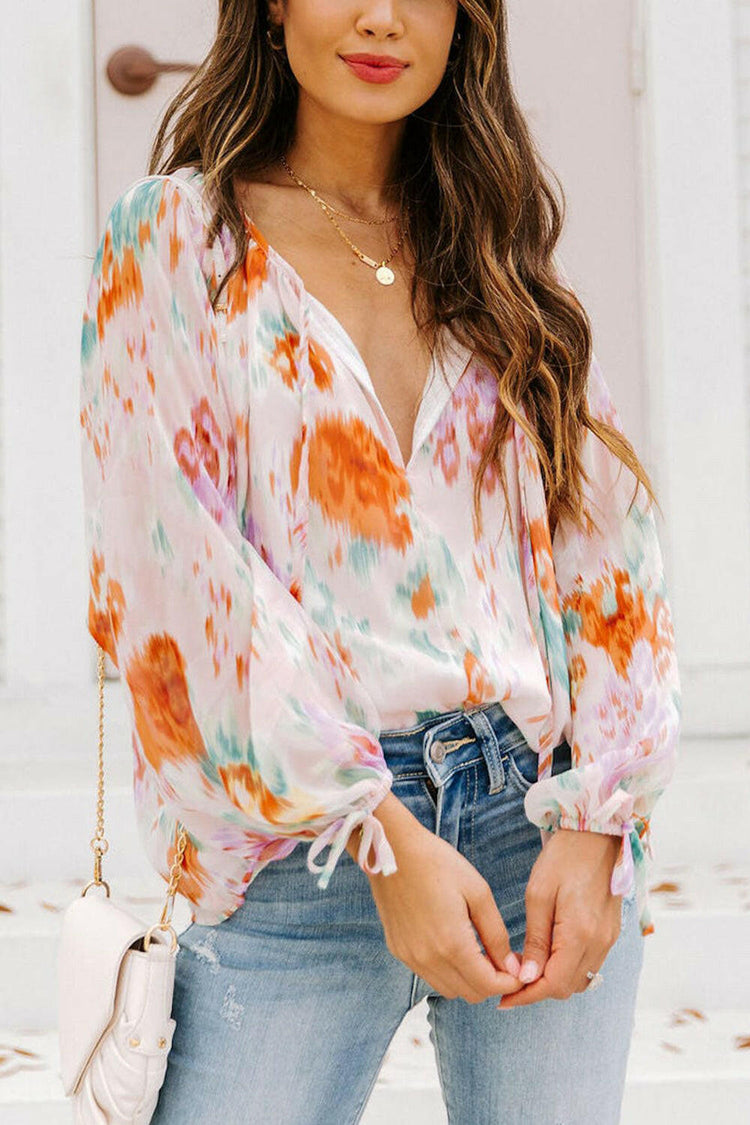 Printed Tie Neck Long Sleeve Blouse.