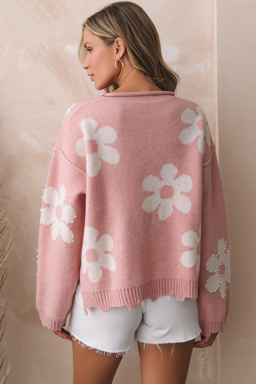 Flower Pattern Pearl Detail Rolled Slit Sweater.