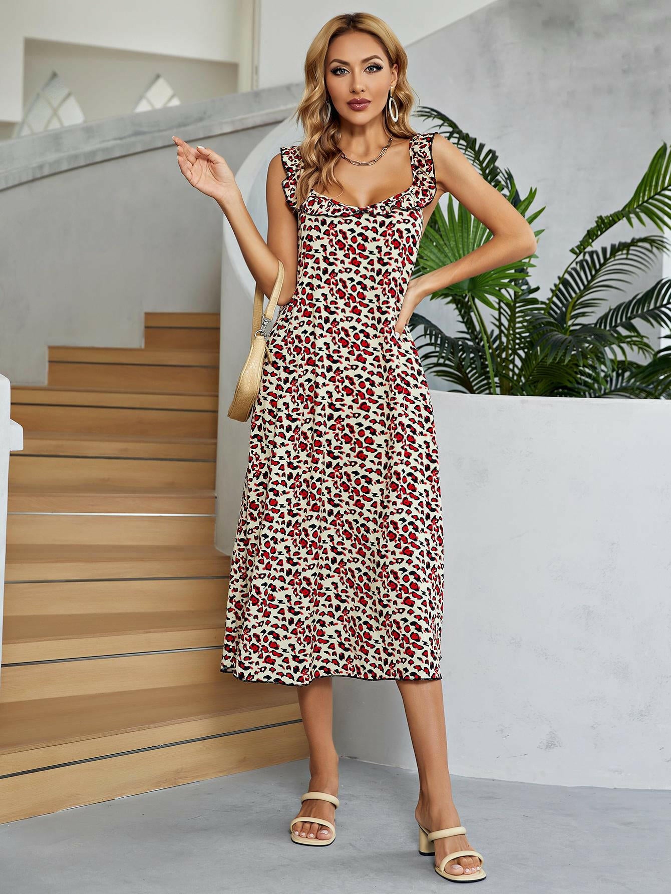 Printed Ruffled Sleeveless Midi Dress.