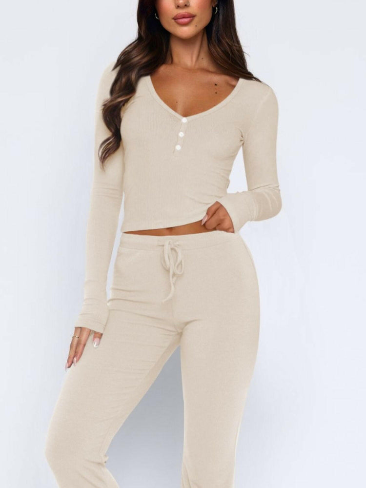 V-Neck Long Sleeve Top and Pants Set.