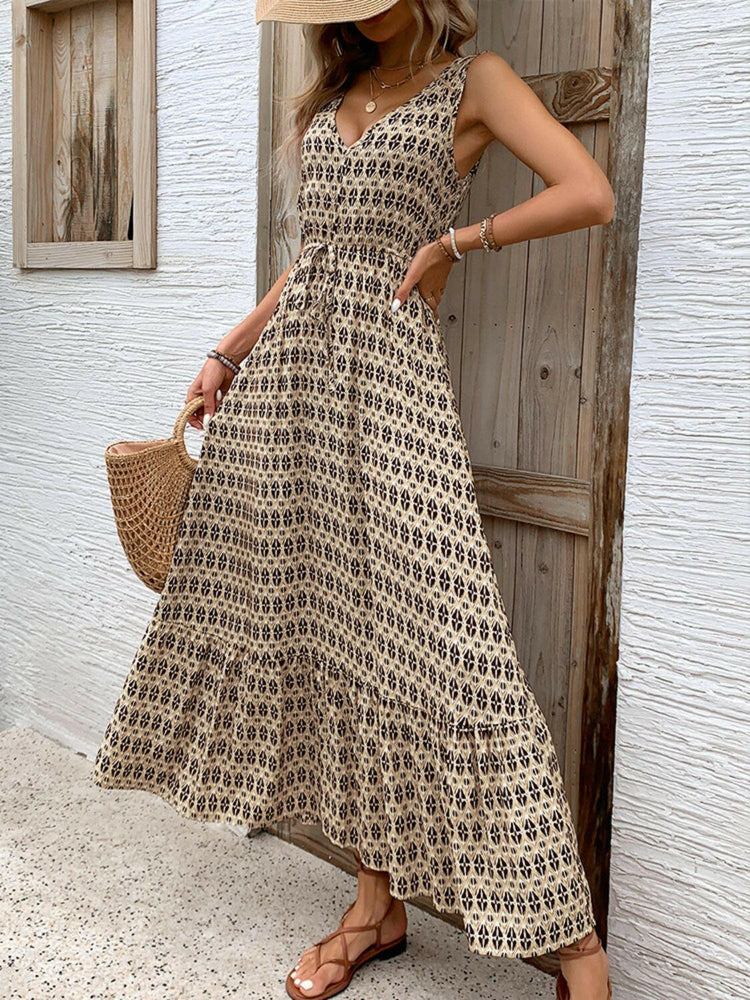 Perfee Printed V-Neck Tie Waist Midi Dress.