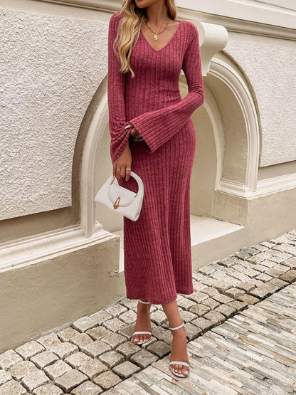 Devine Tied V-Neck Long Sleeve Sweater Dress.