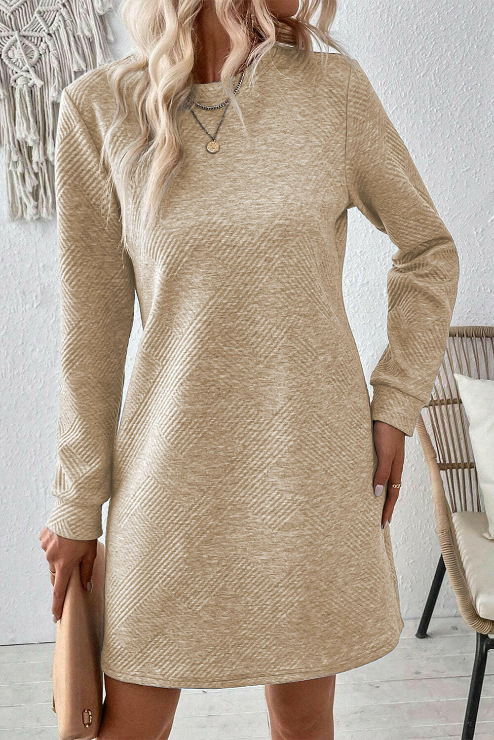 Textured Round Neck Long Sleeve Mini Dress.